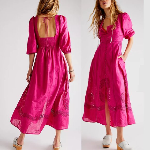 Free People Dresses & Skirts - Free People Lisa Embroidered Lace Midi Dress Size S Pink Puff Sleeves Boho BNWT